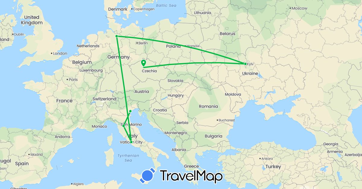TravelMap itinerary: driving, bus in Czech Republic, Germany, Italy, Ukraine (Europe)